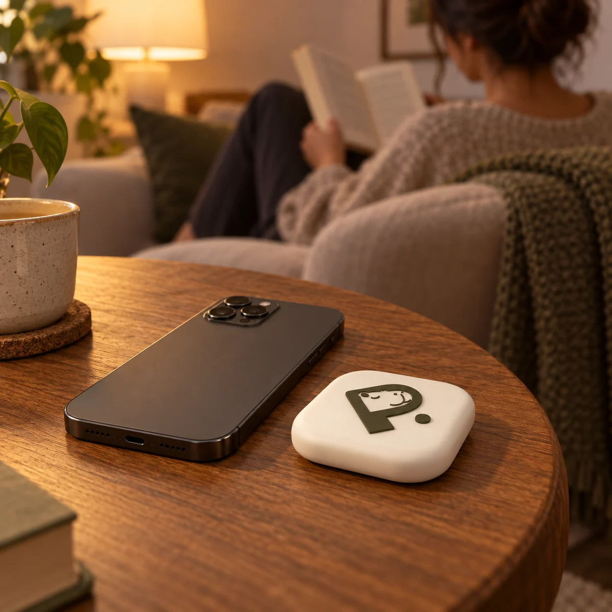 A phone face down on a side table next to the Pause Device, someone reading on the sofa behind.